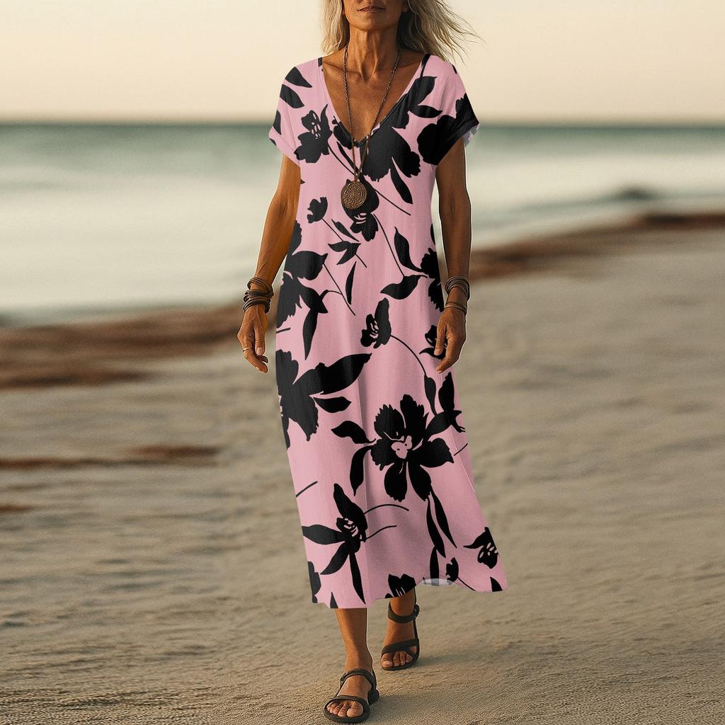 Summer Dress Women's Long Boho Beach Dress Elegant Maxi Dress V-Neck Short Sleeve Summer Tunic Dress Light Airy