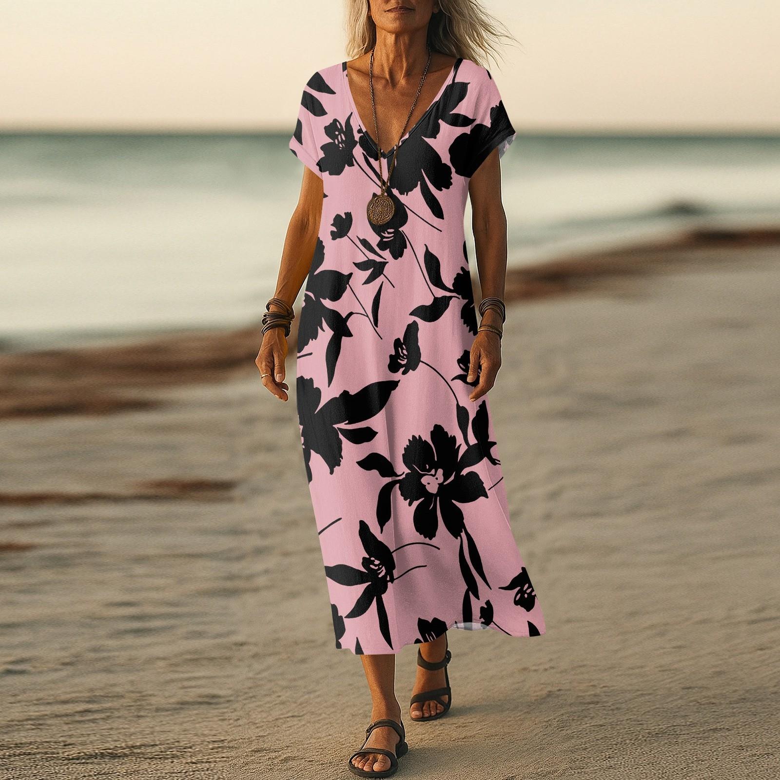 

Летнее платье Женское длинное платье бохо для пляжа Элегантное платье макси V-образный вырез Короткий рукав Летнее платье-туника Легкое воздушное XL розовый