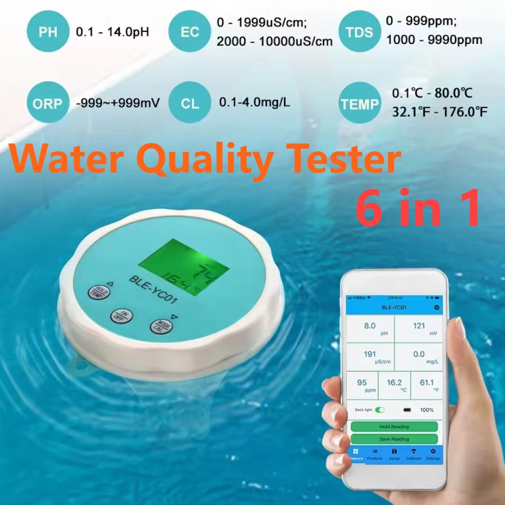 6-in-1 Wasserqualitätsdetektor PH EC TDS ORP CL Temperatur Kalibrierung Chlor Wasser Tester APP Online Monitor für Schwimmbad