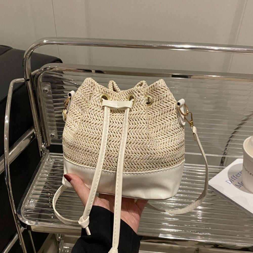 Bohemian Style Raffia Bag Woven Drawstring Bucket Bag Simple Weave Straw Crossbody Bag Holiday