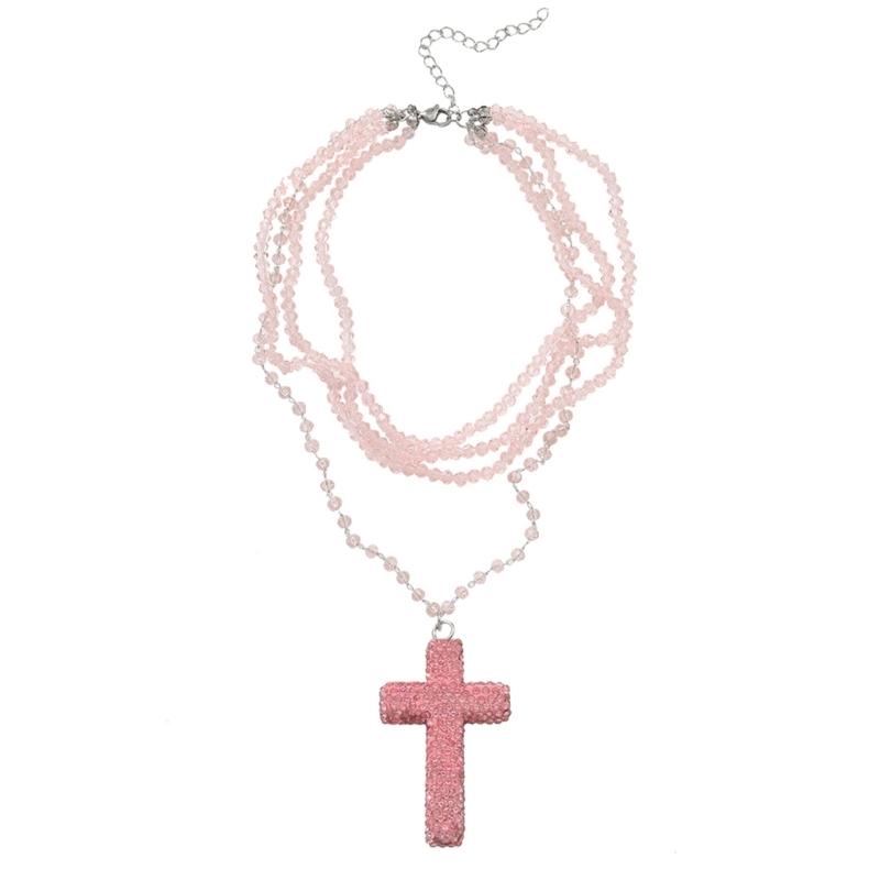 Стильная многослойная смоляная бусина и подвеска-распятие из сплава, ожерелье, аксессуары для шеи на каждый день розовый