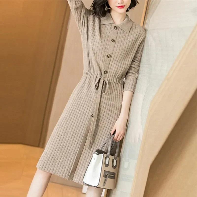 Loose Pullover Sweater Dress Lace-UP 2026 New Spring High-End Turn-Down Collor Long Knitted Dress Women's Autumn Dress JJ271