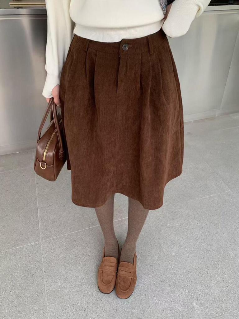 Highly Recommended! Women's Elegant A-Line Corduroy Midi Skirt - Autumn/Winter Fashion, Versatile & Simple Umbrella Design.