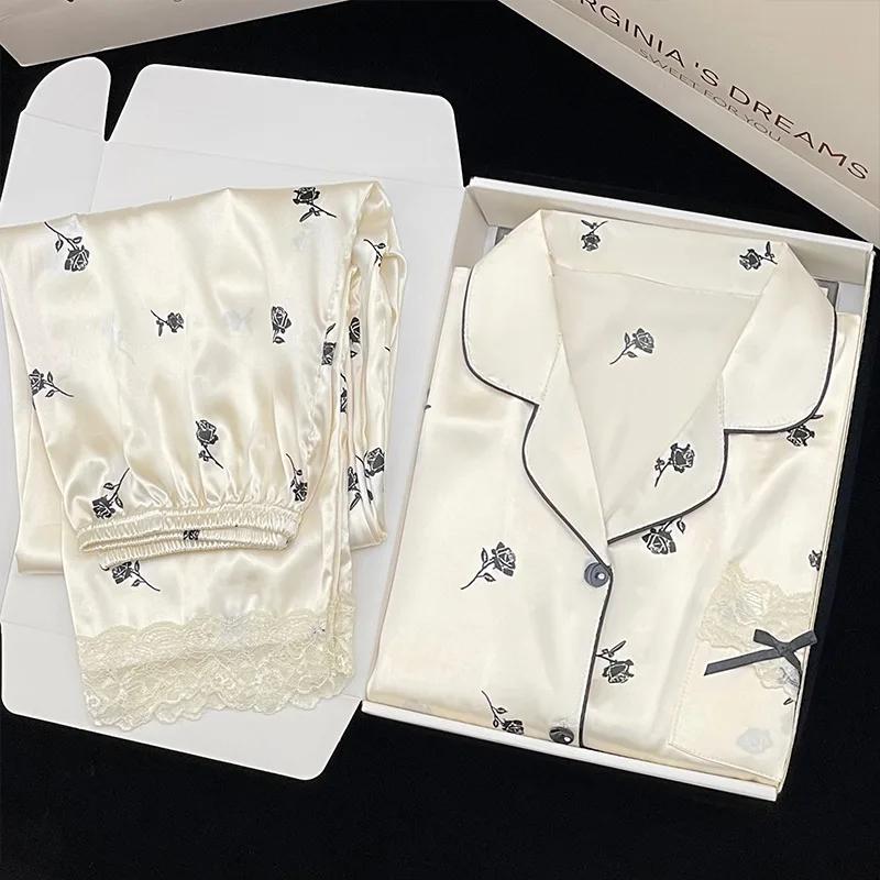 High Quality Light Luxury Ice Silk Pajamas Women's Pajama Spring and Autumn Style Long Sleeve Home Set Nightwear