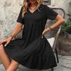 Women's Dress Summer Short Sleeve V Neck Loose Casual A Line Beach Vacation Dress Women Fashion Elegant Pleated Solid Color Ladies Bohemian Dresses