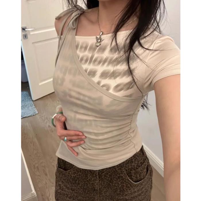 Летняя остромодная женская футболка с одним плечом, пэчворк, короткий рукав, с разрезом, асимметричный дизайн Extra Large