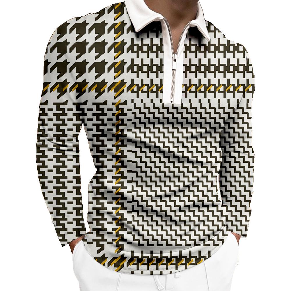 New Fashion Casual Sports Long Sleeve Thousand Bird Lattice Men's T-shirt POLO Shirt