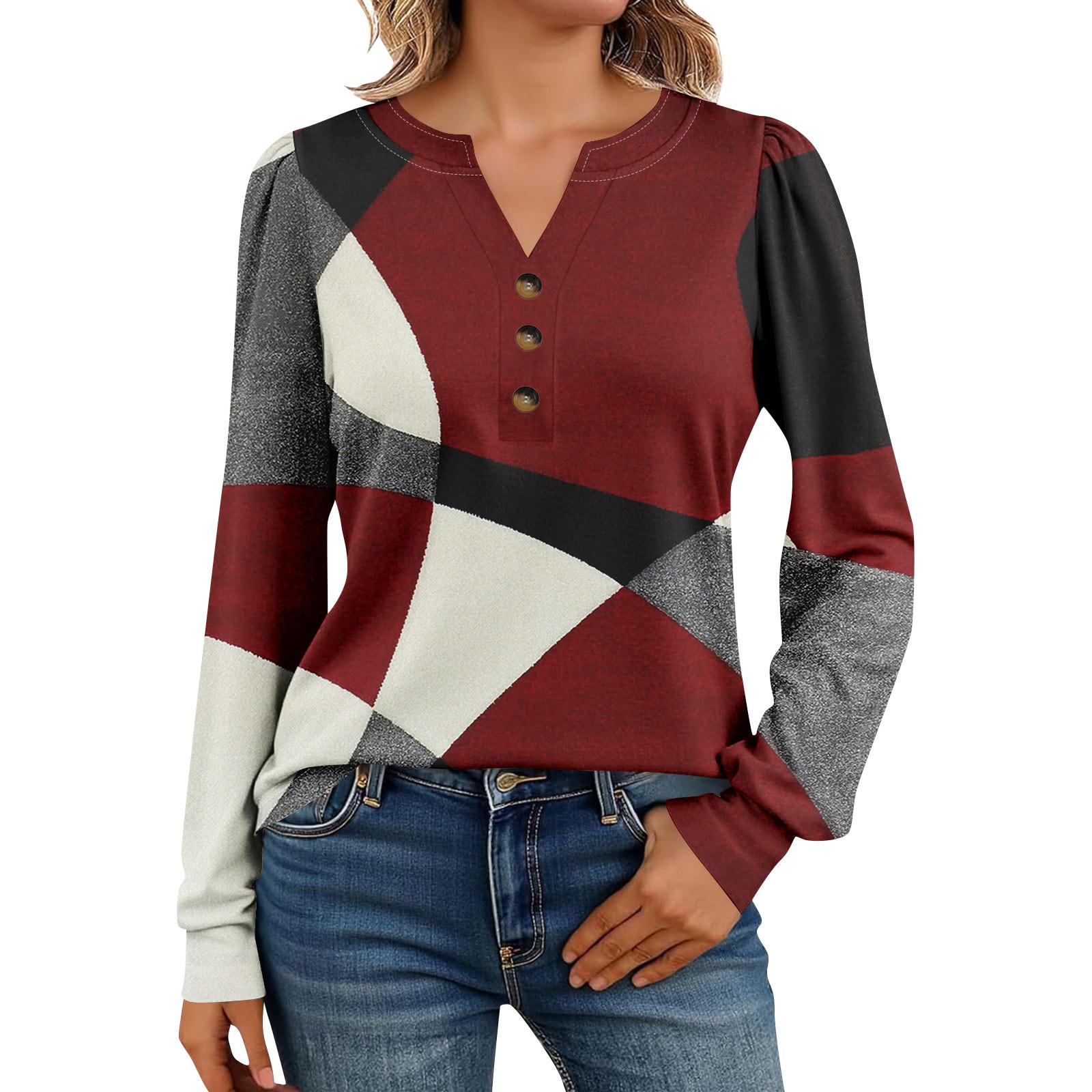 

Женские рубашки с длинным рукавом Хенли Повседневные топы Модные блузки Милые футболки XL винный