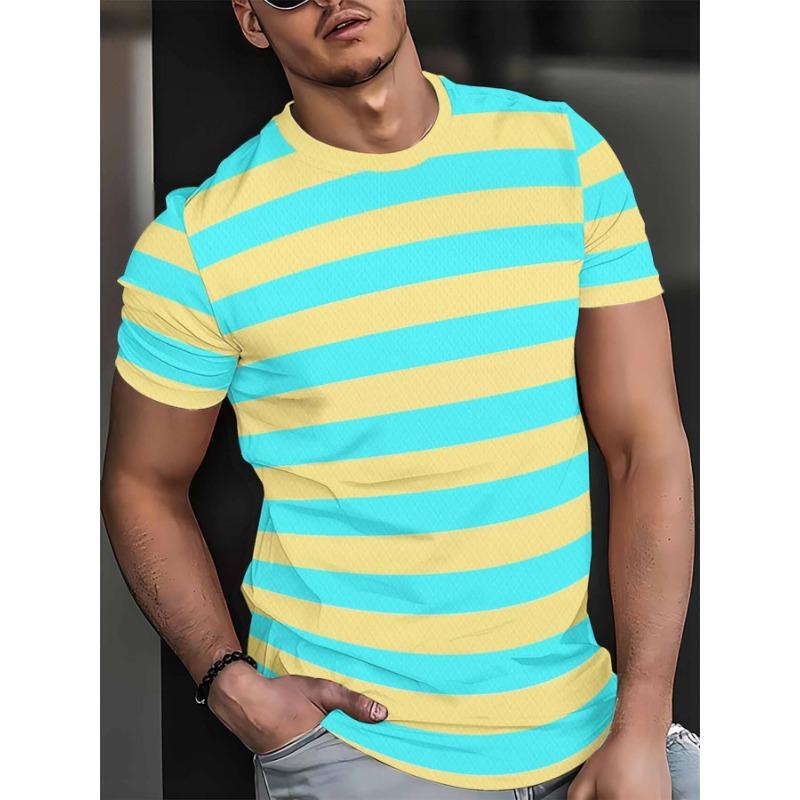 Summer Refreshing and Vibrant Macaron Color-Block Diagonal Stripe Men's Short-Sleeve T-Shirt, Suitable for Young Men's Daily Commutes