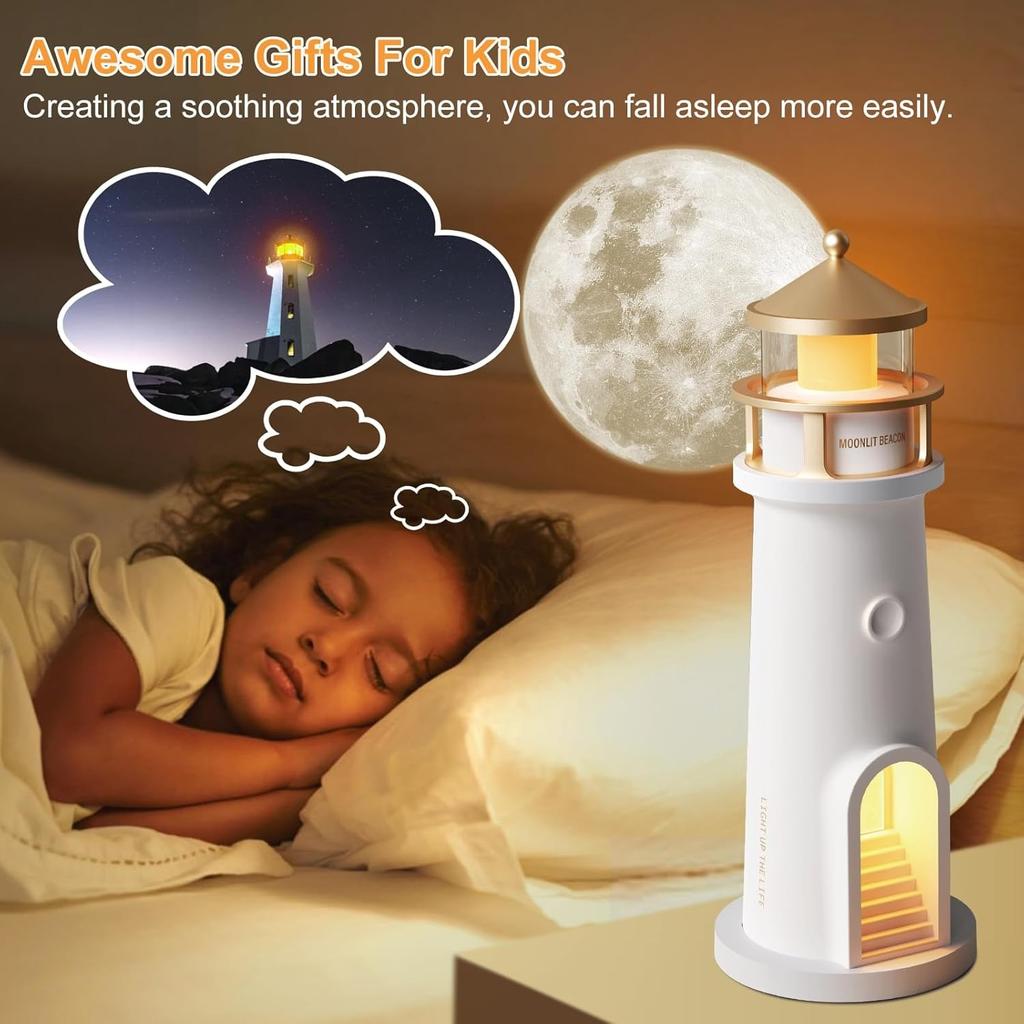 Lighthouse Lamp Moon Projector - Cordless Night Light for Nightstand w/ Remote Control, 2700K Warm Light & Moonlight Projection