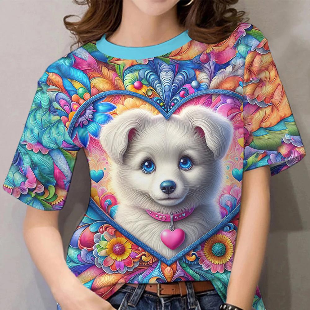 Women's T-Sleeve Contrast Color Puppy Pattern Printing Fashion Casual Y2k Women's Clothing High-Quality Short-Sleeved