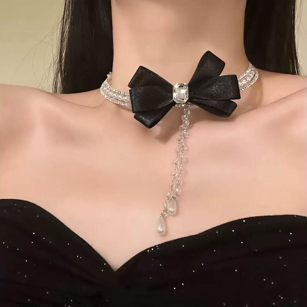 Zinc Zinc Alloy Pearls Rhinestone Choker Tassel Shiny Neck Jewelry Neck Pendant Bow Beads Necklace for Gift