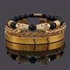Luxury Black Stone Beads Leopard Head Man Bracelet Enamel Stainless Steel Roman Bangles Women Jewelry 3 pieces make a set