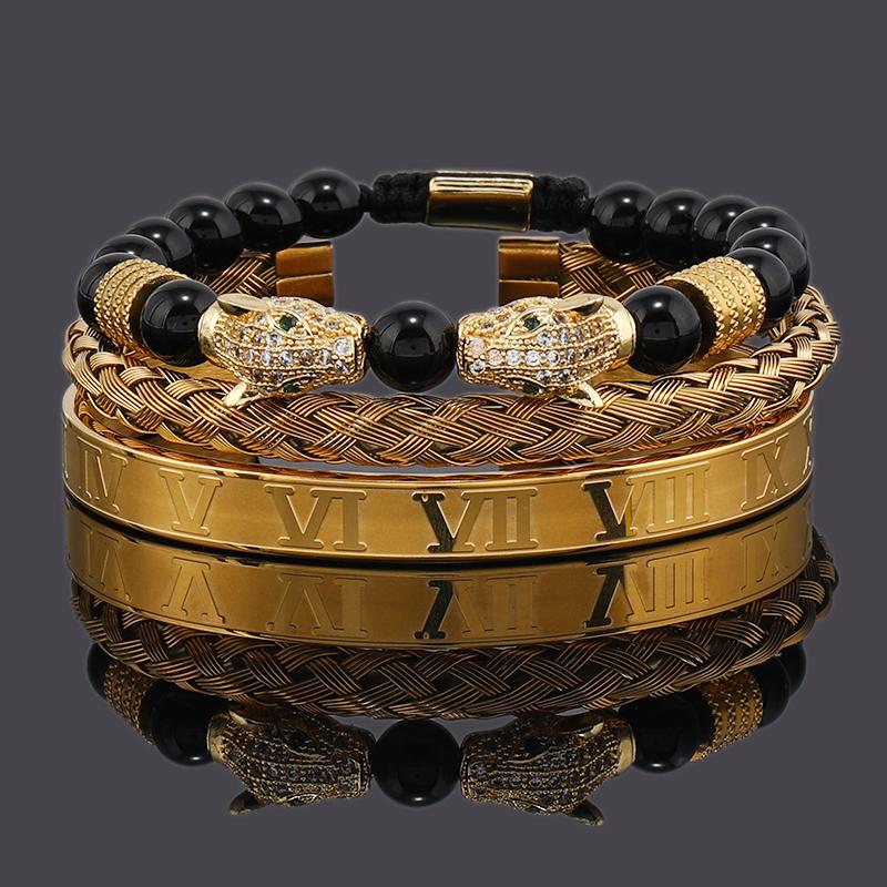 Luxury Black Stone Beads Leopard Head Man Bracelet Enamel Stainless Steel Roman Bangles Women Jewelry 3 pieces make a set
