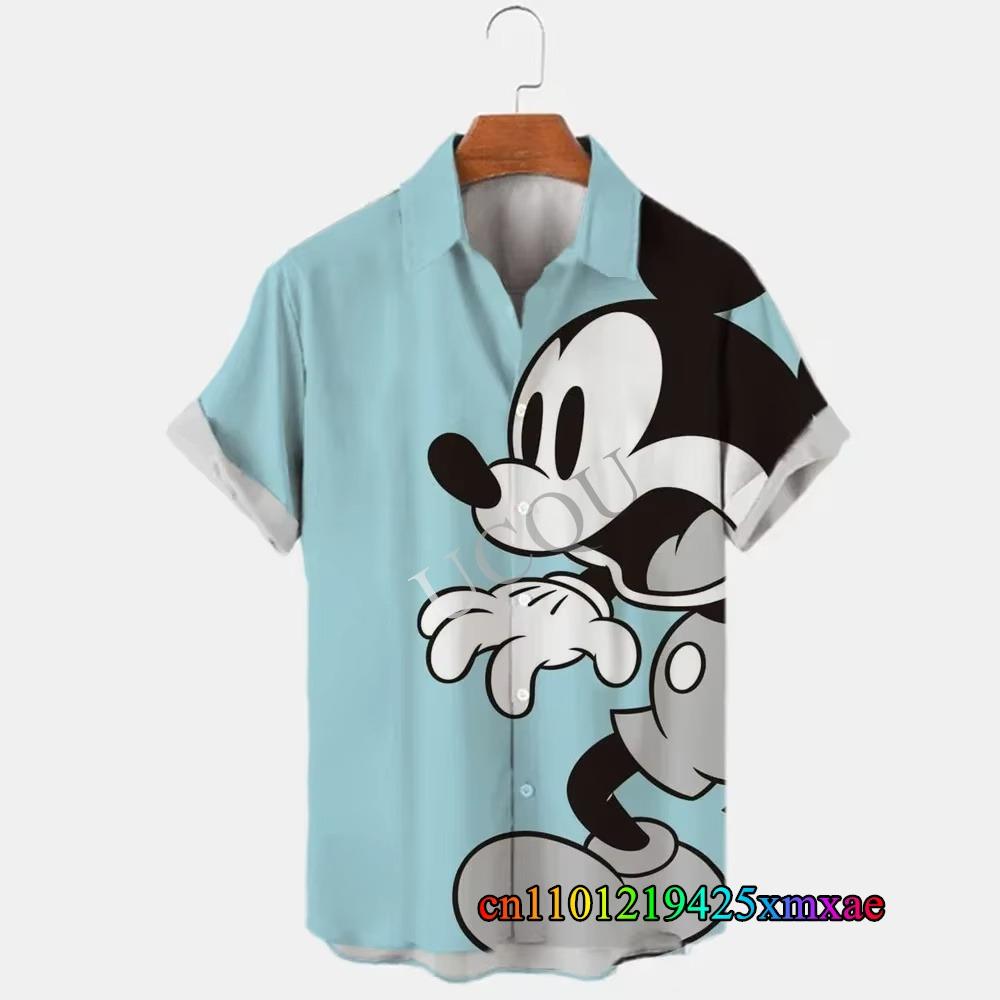 Verano Estampado de Dibujos Animados de Mickey Mouse Camisa de Hombre Estilo Hawaiano con Solapa Manga Corta Casual Moda para Vacaciones en la Playa Tops Oversized