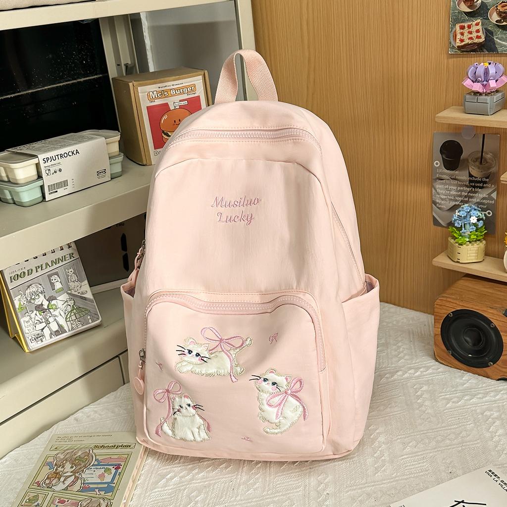 Schoolbag Cute Cat Embroidered Schoolbag Junior High School Girls High Value Ins Niche Design Sense Lightweight Research Backpack