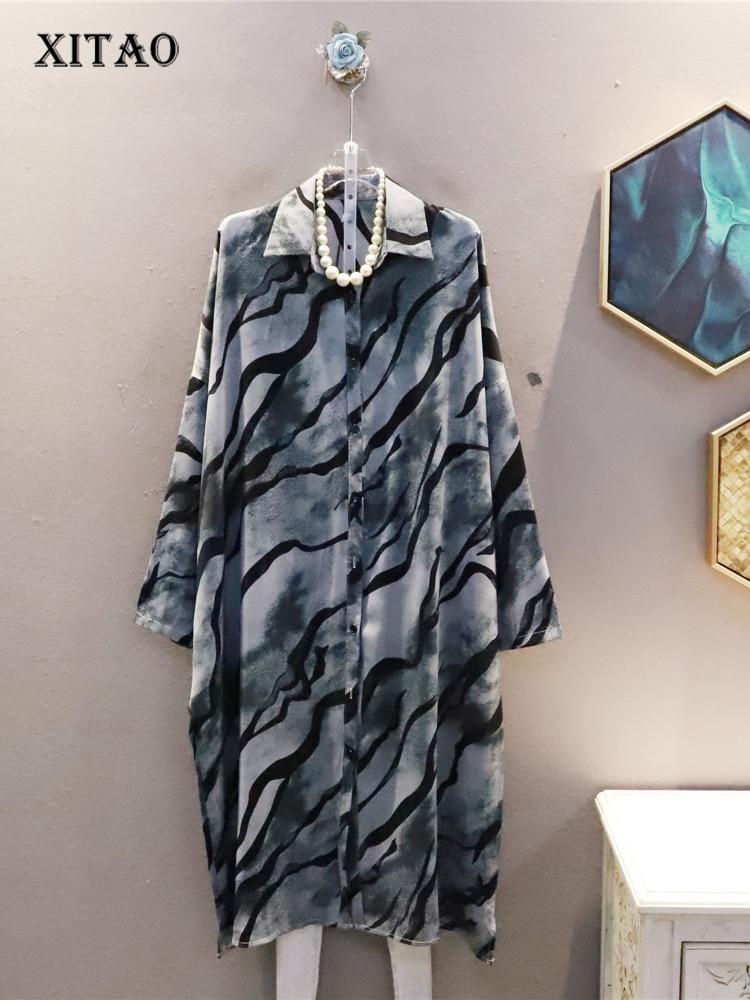 

XITAO Полосатое платье Мода Женщины Одна грудь Богиня Вентилятор Полный рукав Меньшинство Свободный принт Узор Платье ZY8117