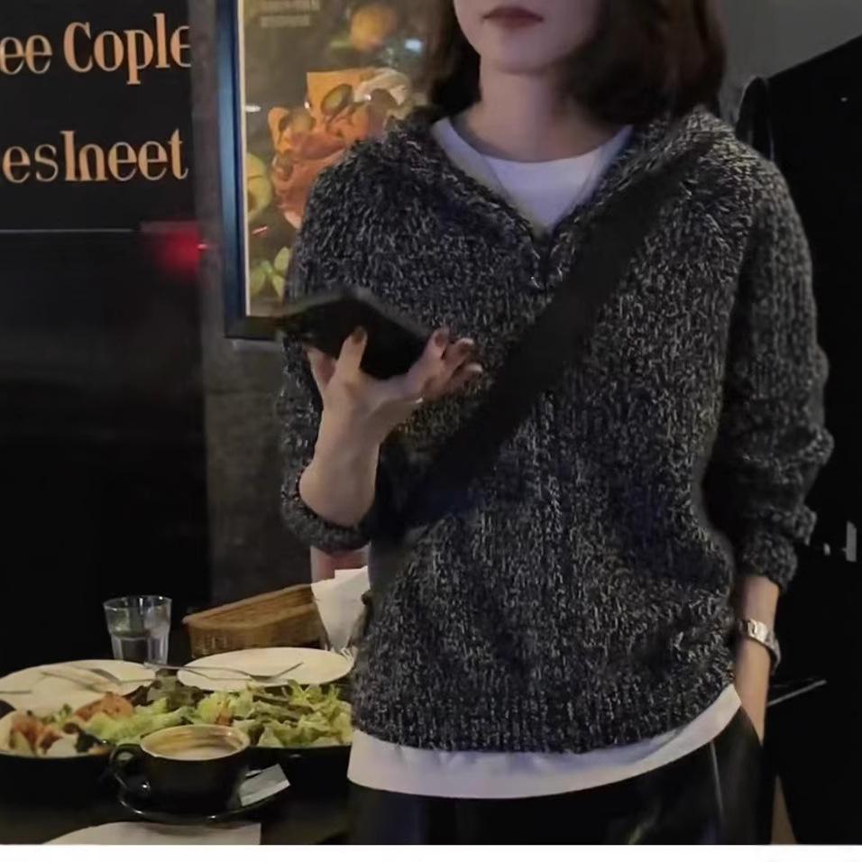 Women's High-End Speckled Grey Cashmere Knit Hooded Cardigan - Loose, Short Zip-Up Jacket for Autumn & Winter