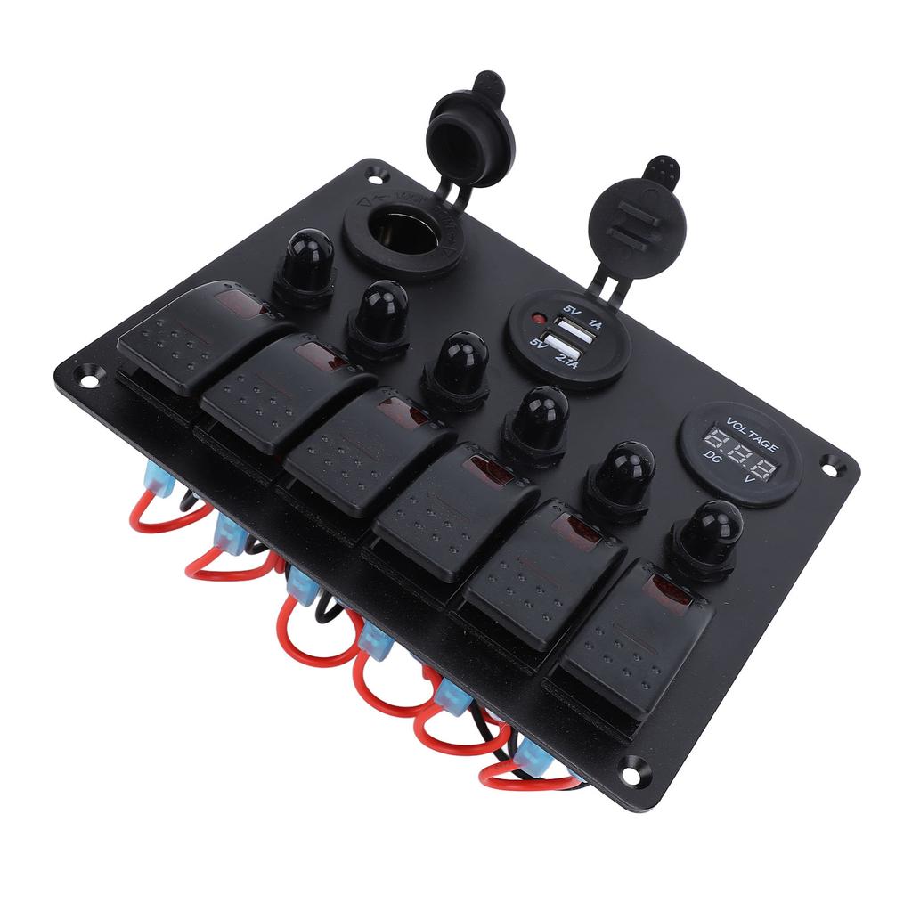 DC 12‑24V 6 Gang Rocker Switch Panel Overload Protection Dual USB Charger with Digital Voltmeter Display for Boats