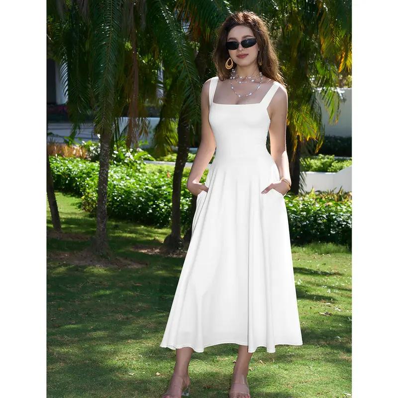 Damen Dickes Träger Square Neck Rückenbindung Figurbetontes Maxikleid A-Linie Party Abend Langkleid