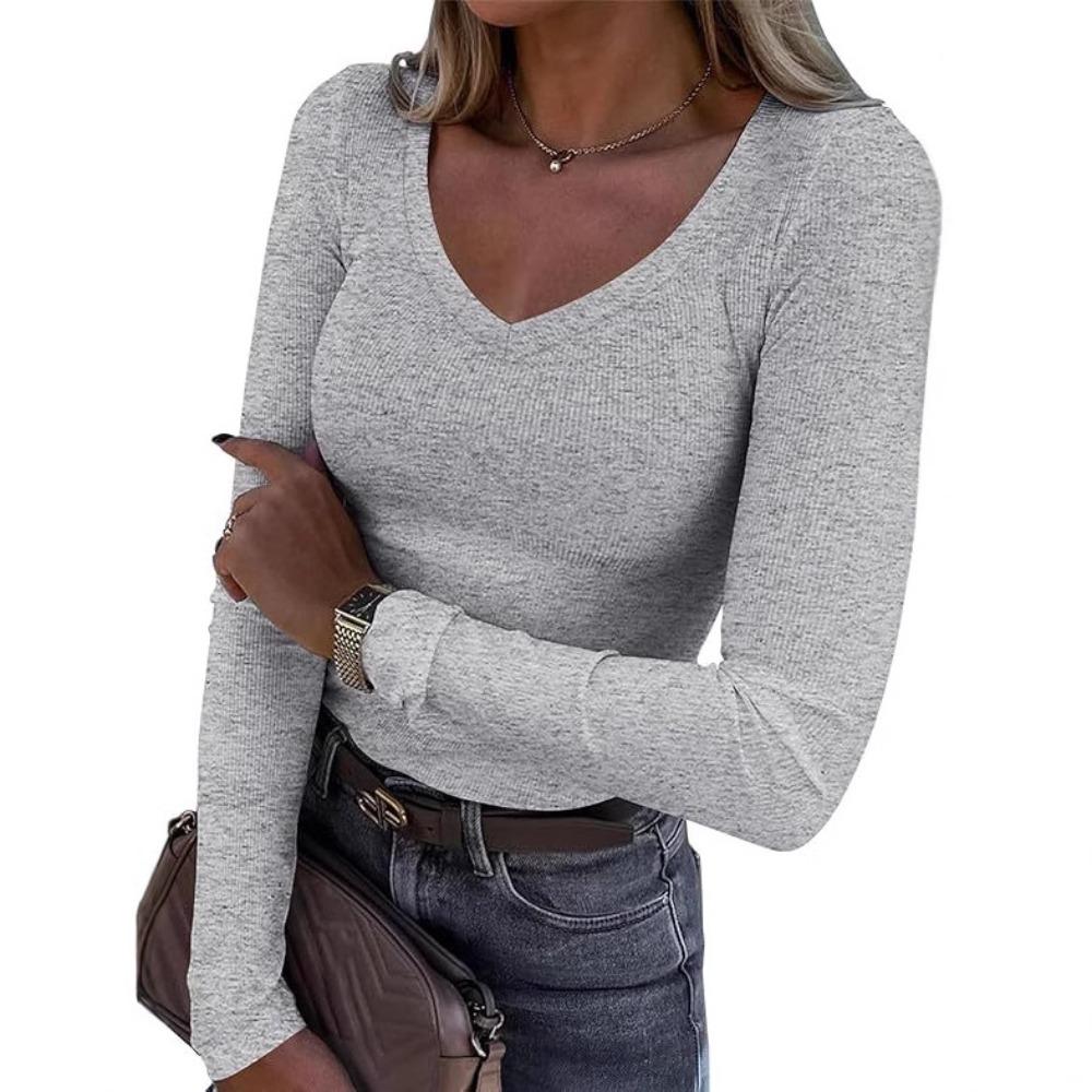 Women Ribbed Slim Long Sleeve Top, Sexy V Neck Long Length Casual T-shirt