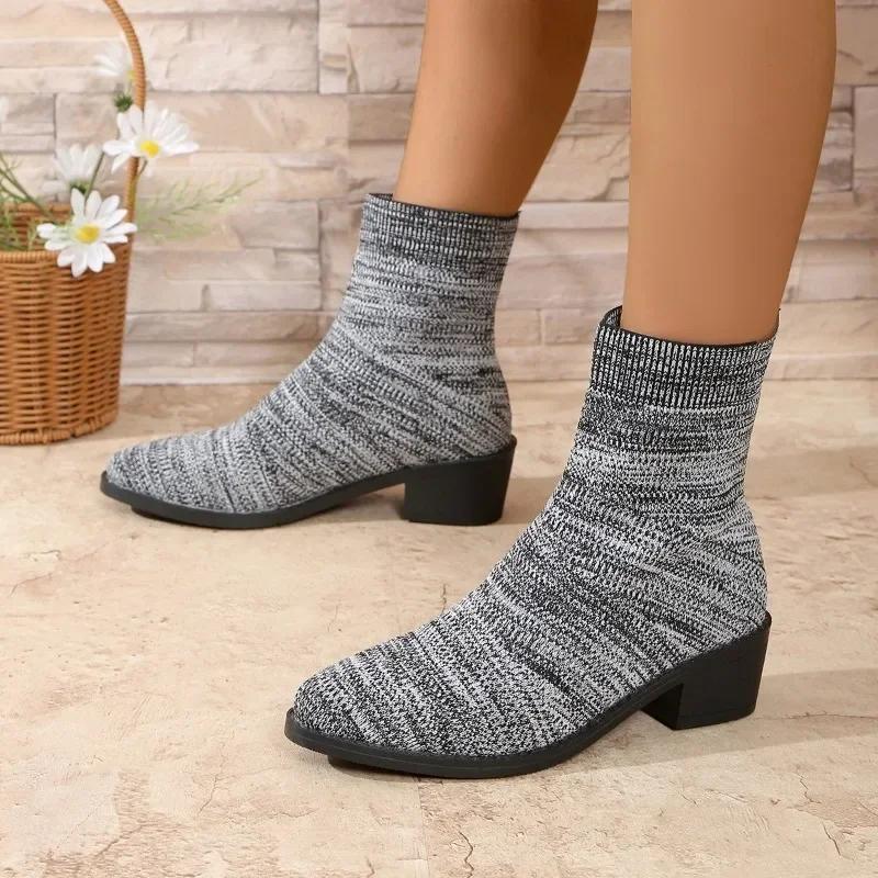 

Fashion Shoes for Women 2024 Hot Sale Sleeve Women s Boots Autumn Pointed Toe Mesh Mixed Colors Middle Tube Block Heels Fashion Boots 36 серый