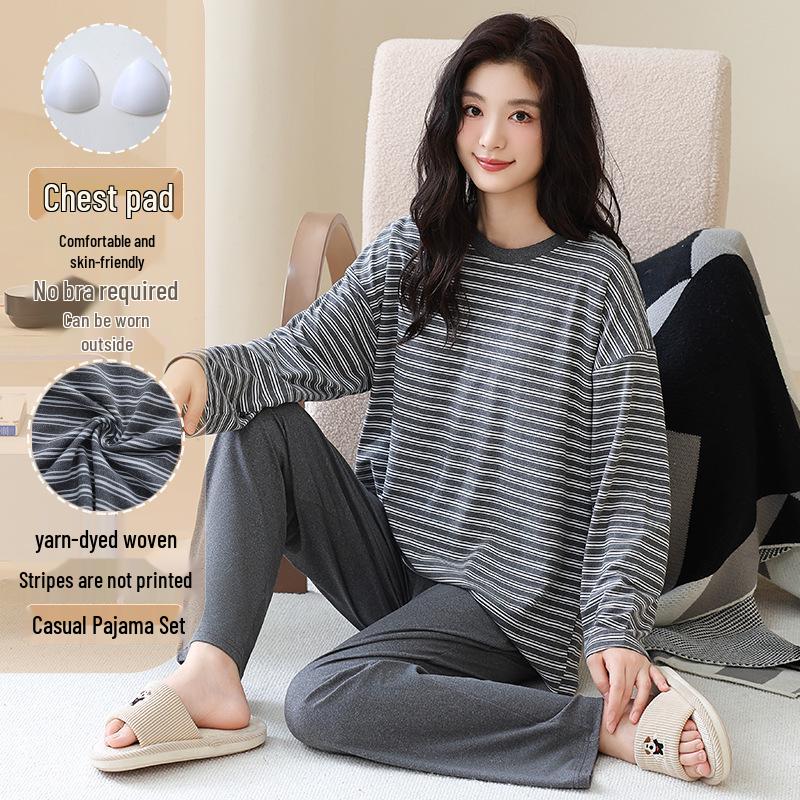 Pyjama d'automne pour femme à col rond rayé à manches longues avec coussinets de poitrine - Ensemble décontracté grande taille pour la maison et l'extérieur