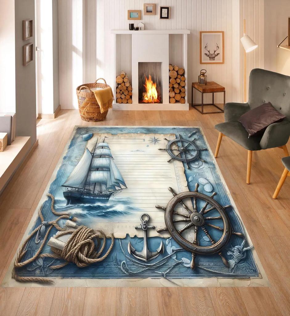 Navigation Ship Anchor Carpet Sailing Ship Rudder Wave Ship Anchor Carpet Living Room Bedroom Decoration Mat Navigation Carpet