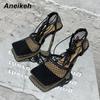 Fashion 2025 Summer Sexy Mesh Pumps Sandals Female Square Toe High Heel Lace Up Cross-Tied Stiletto Hollow Dress Party Shoes 43