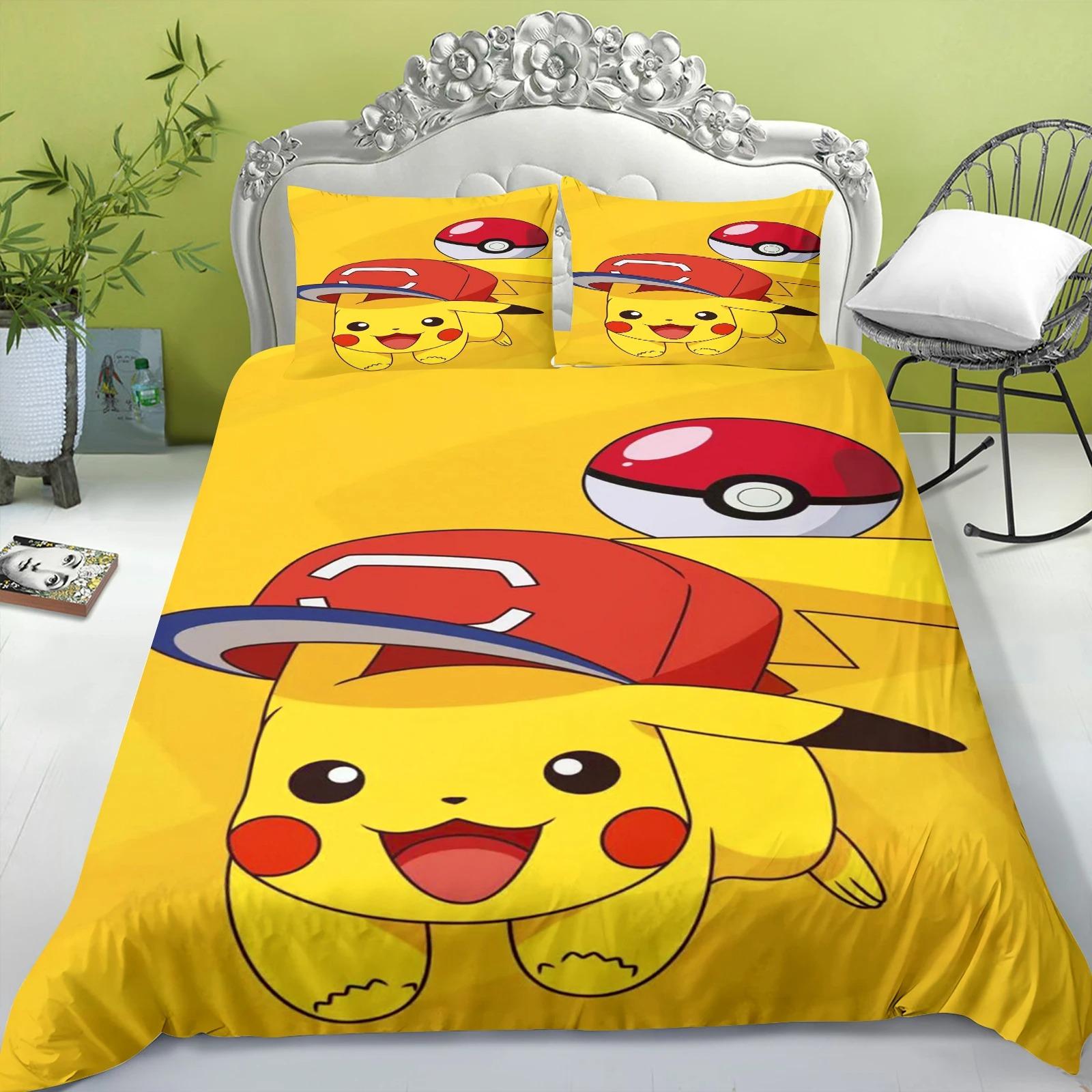

Cartoon cute Pikachu pattern fitted sheet, bedroom printed bedspread with pillowcase, bedding set (1/2 pillowcase) 90x200x30cm