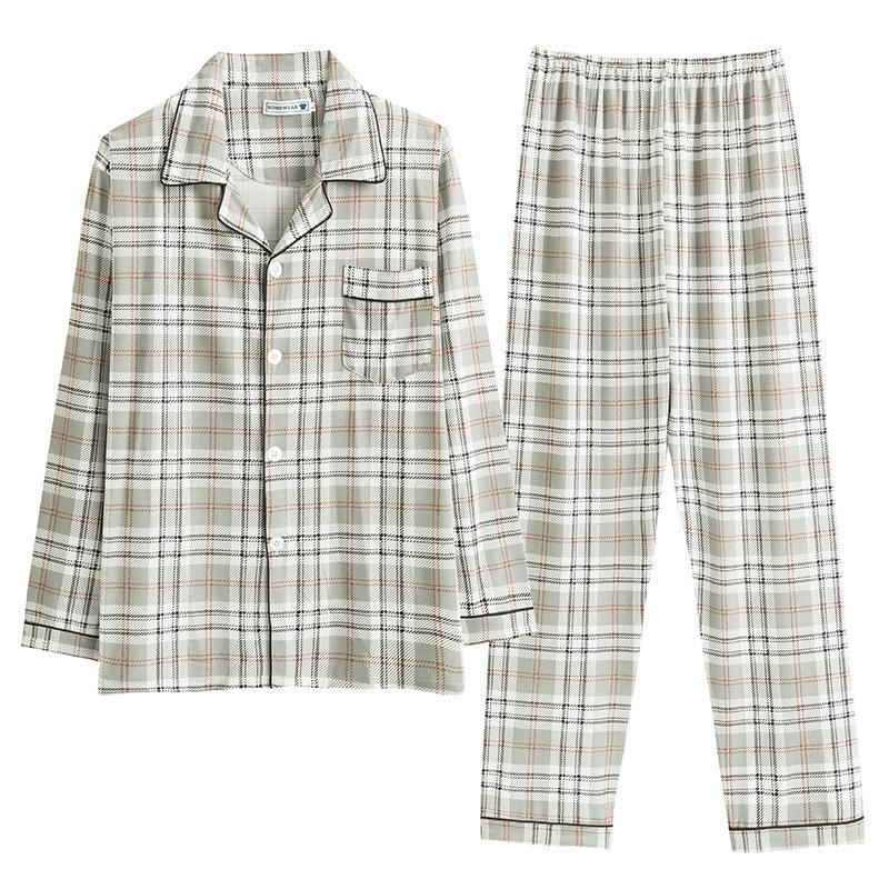 Men's Printed Long Sleeve Knit Cotton Pajama Set with Cardigan Lapel for Spring, Autumn, Winter