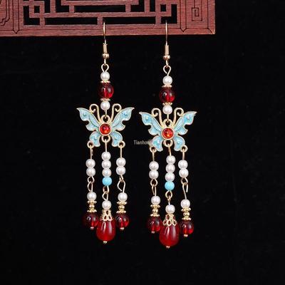Cercei Pendant Qipao cu Fluture Albastru Vintage - Accesorii Stil Hanfu Chinezesc