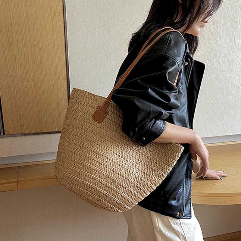Bolsa de ombro feminina de grande capacidade, bolsa de palha trançada de verão, bolsa de mão fashion feminina de luxo, bolsa de praia, bolsa de compras de Bali