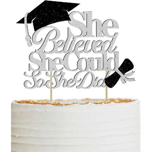 She Believed She Could So She Did Cake Topper for Graduation Decorations, 2025 Graduation Cake Topper, Congrats Grad 2025 Party Supplies (Gold)