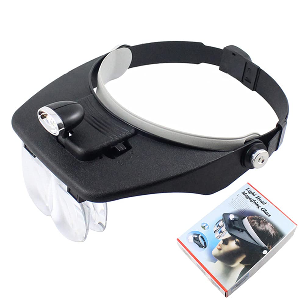 Meichoon Head-Mounted Magnifier with 3 LED Lamps, Watchmaker Repair Tool Magnifier with 6 Multiple Interchangeable Lenses: 1.5X, 2X, 2.5X, 3.5X, 8X