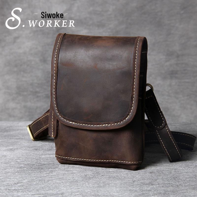 Retro Mini Leather Crossbody Bag - Men's Chest & Waist Phone Bag, Top Layer Cowhide