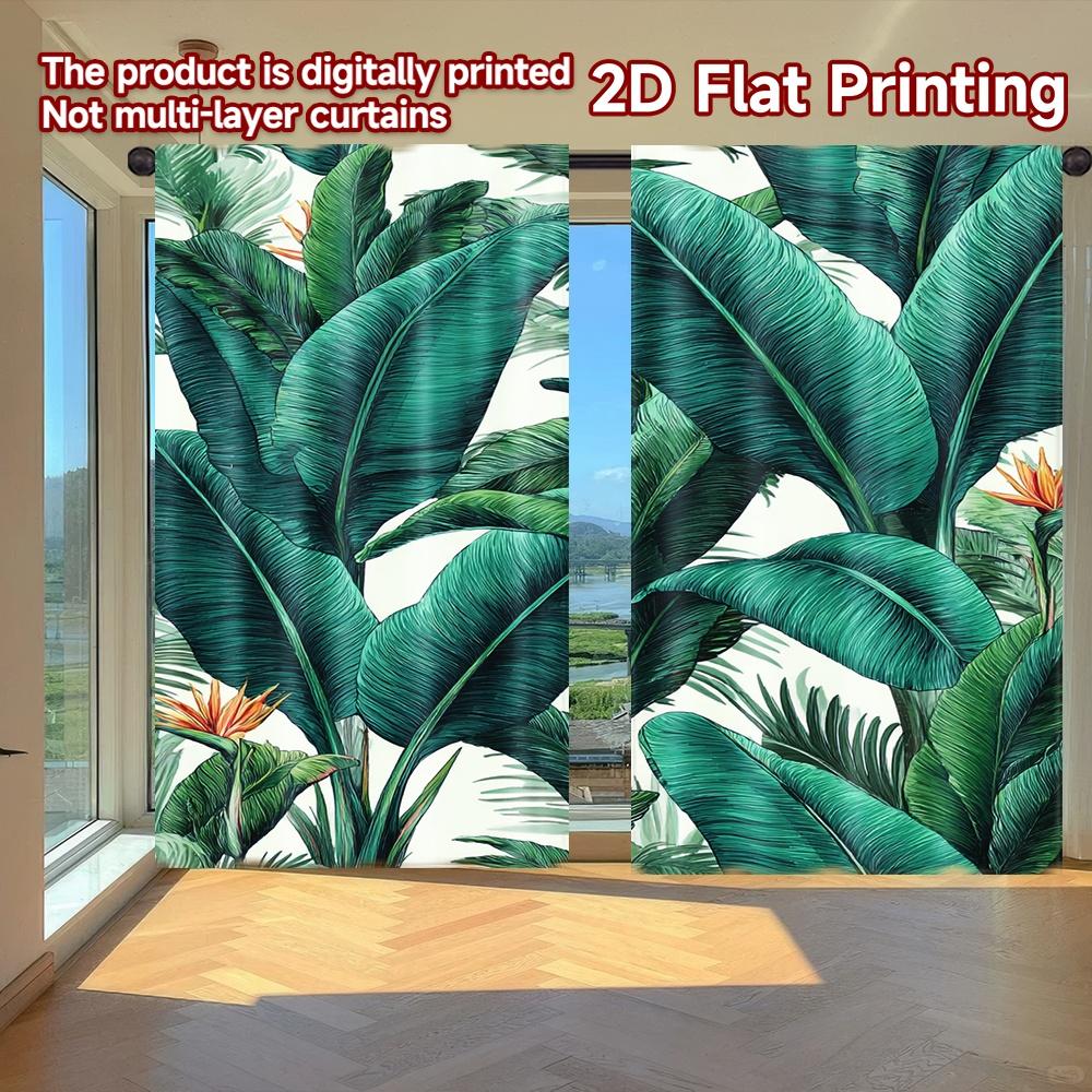 

Set Of 2 Flat Printing Curtains Without Rod Green Leaf Design Fashionable Curtainments During New Year Holiday Modern Made Polyester W100*H70(CM)-Rod Pocket&2PCS
