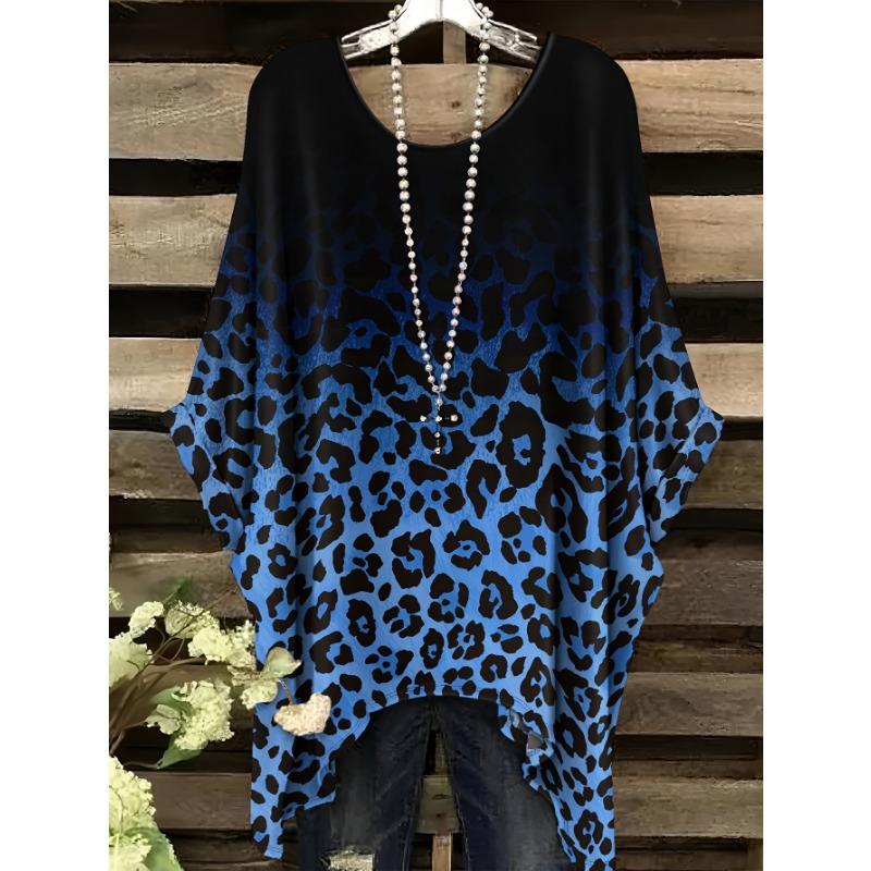Summer Blue Leopard Gradient Pattern Printed Swallowtail Round Neck T-shirt Casual and Comfortable Swallowtail Round Neck Short Sleeve Large T-shirt 1XL