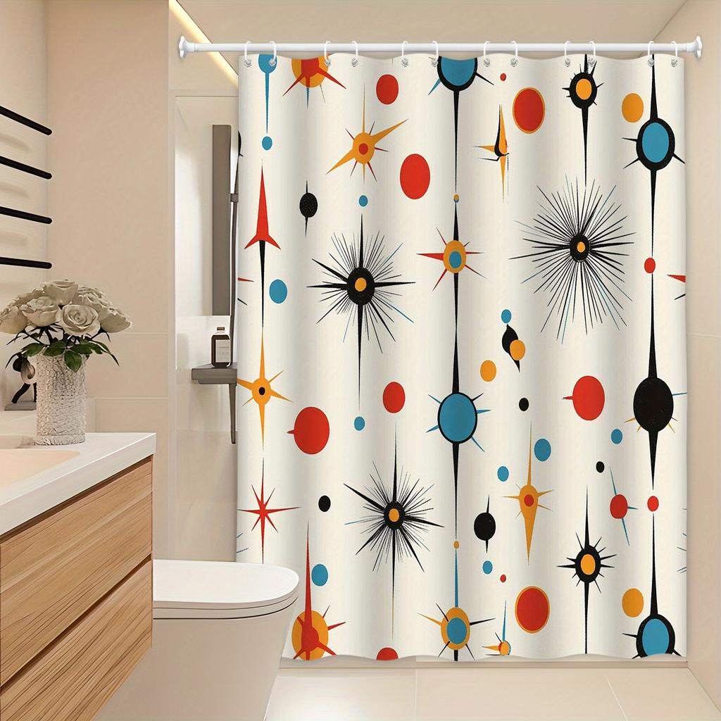 Retro Abstract Geometric Shower Curtain - Mid-Century Modern Design, Black, Red, Orange, Blue & Yellow,Machine Washable