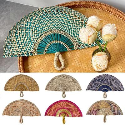 Natural Seaweed Straw Fan Semicircular Boho Style Handheld Fan Handmade Cooling Fan Home Decor