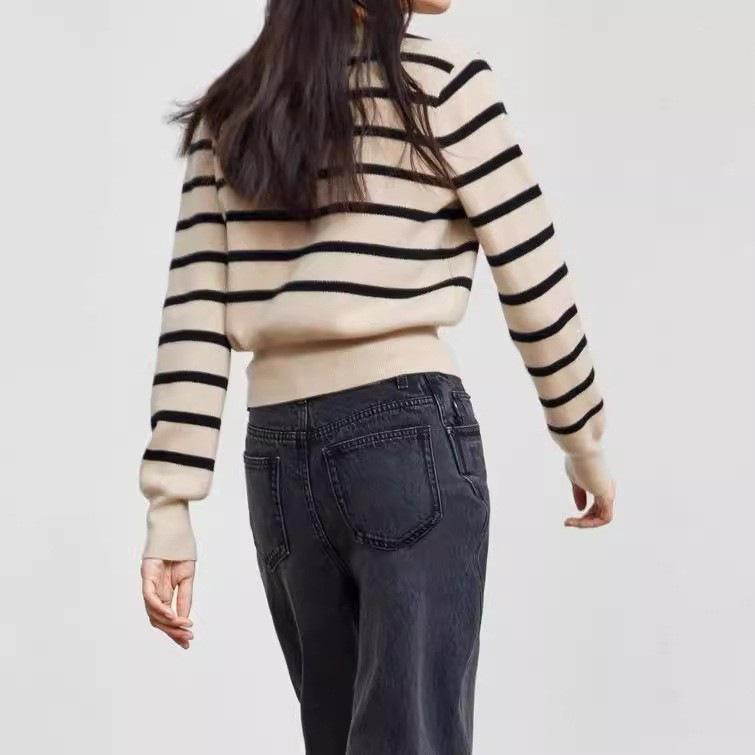 Autumn Women's V-neck Long Sleeved Sweater Striped Knitted Sweater Cardigan Design Sense