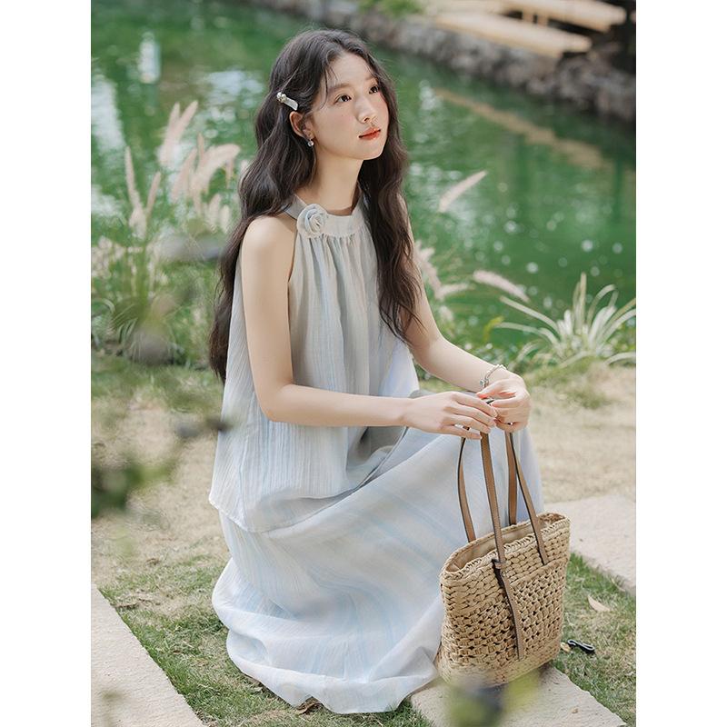 Summer New Sleeveless Neck Top + Medium and Long Skirt Fairy Set Two-piece Set
