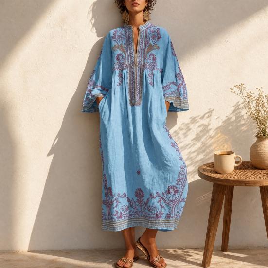 Abito Lungo Boho Casual da Donna, Estivo Lungo Bohémien con Stampa Ricamata, Manica 3/4 Scollo a V Svasato, Abiti da Vacanza con Tasche