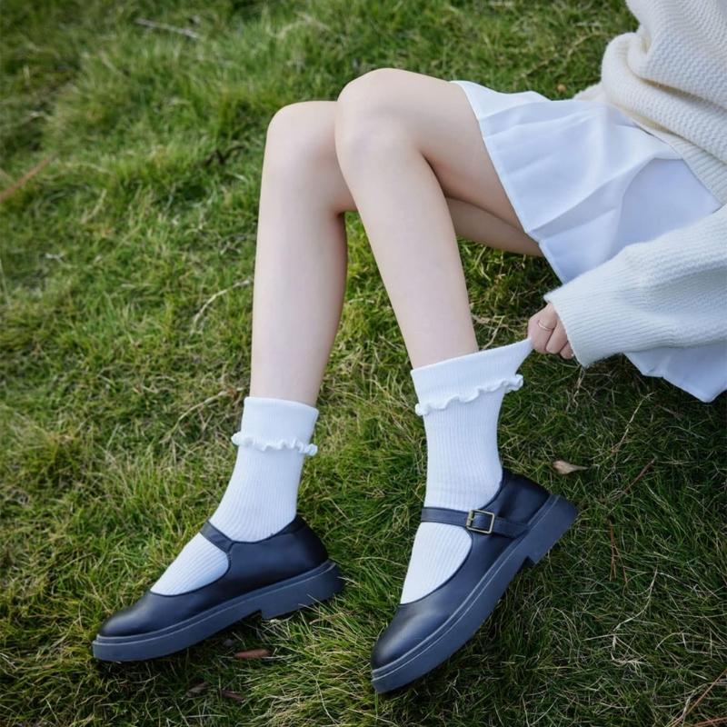 Ruffle Ankle Socks for Women Cotton Soft Solid Color Ribbed Knitted Lettuces Edge Low Cut Middle Tube Frilly Crew Socks
