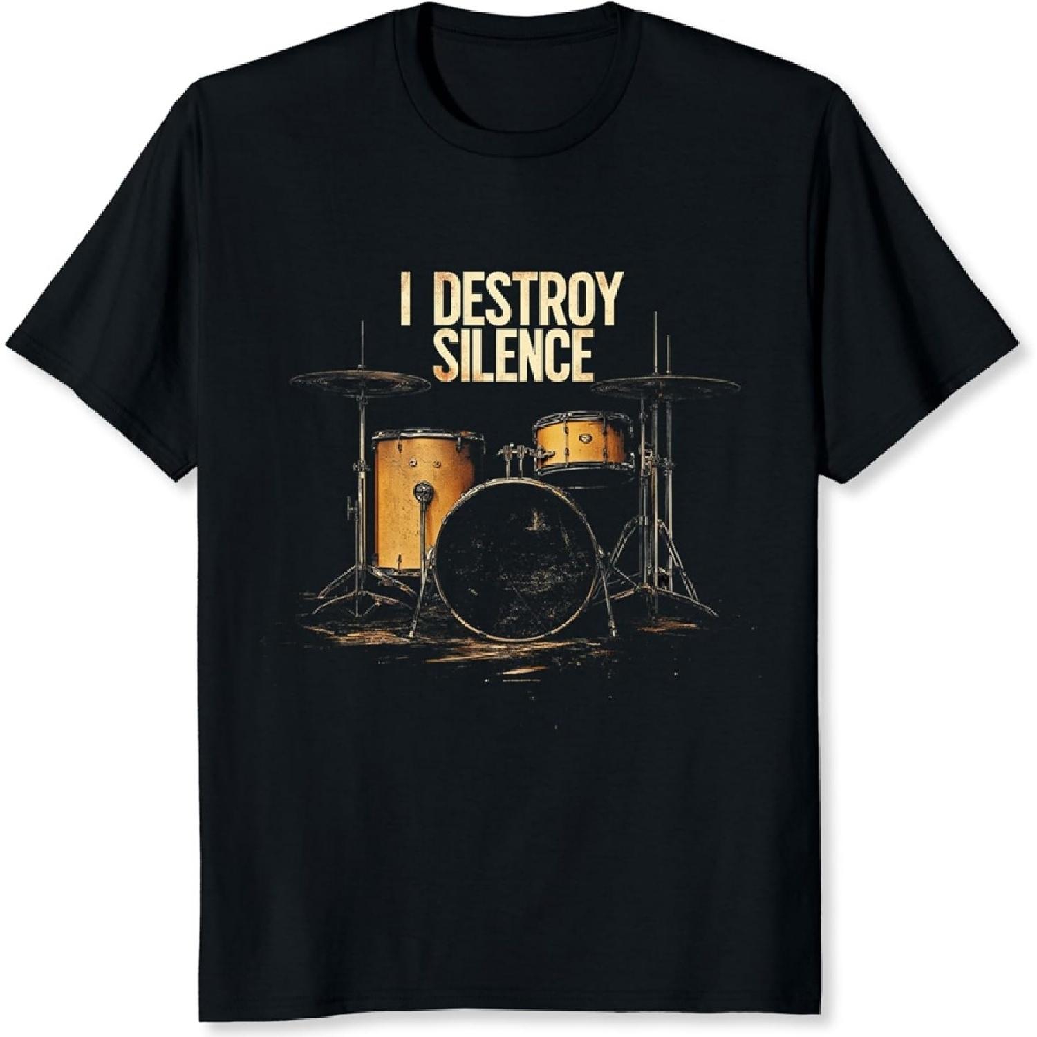 I Destroy Silence Drummer Band T-Shirt for Men Classic Rock Metal Band Graphic Tee Vintage Drummer Gift for Music Lovers S
