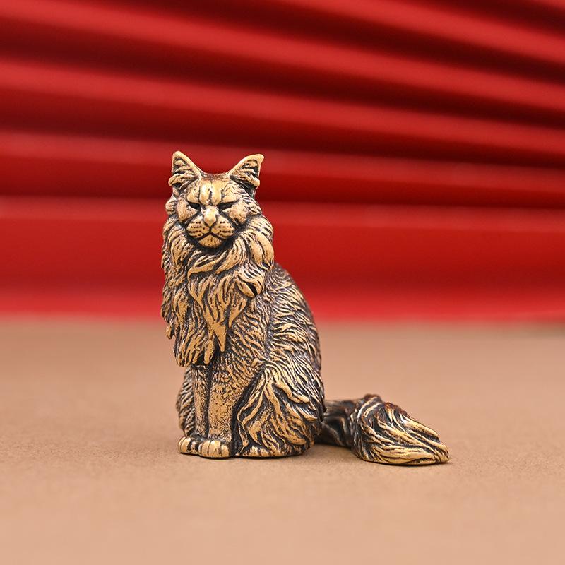 Maine Coon Small Figurine Polished Brass Mini Animal Cat Statue Portable Desktop Ornament for Travel Bag Pendant Desk Decor Gift
