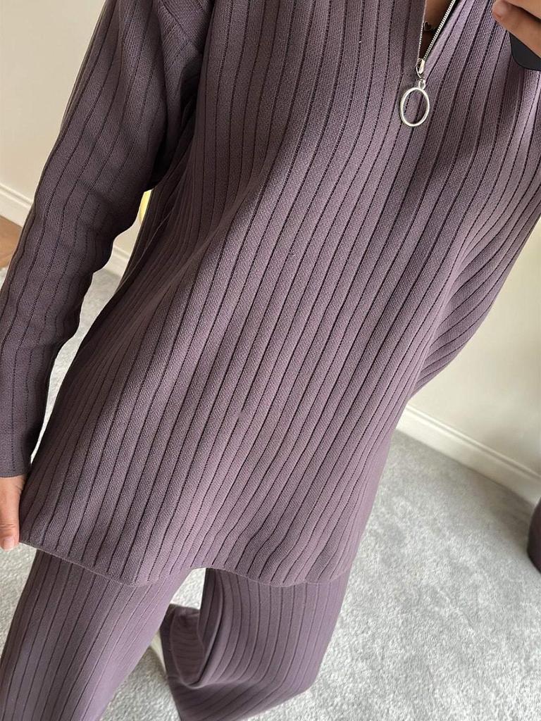 2026 Cross-Border Fall Women's Solid High Neck Ribbed Knitted Two-Piece Loungewear Set with Zipper