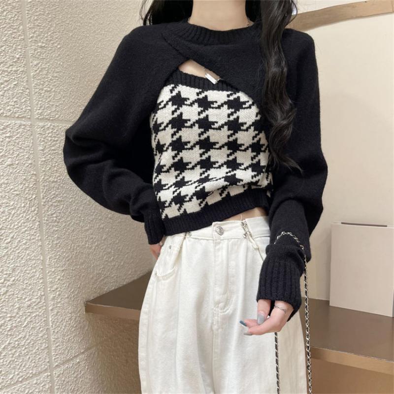 Cardigan tricotat Camisolă Costum de toamnă din două piese Purtați Tricouri în carouri Maioara mică Femei