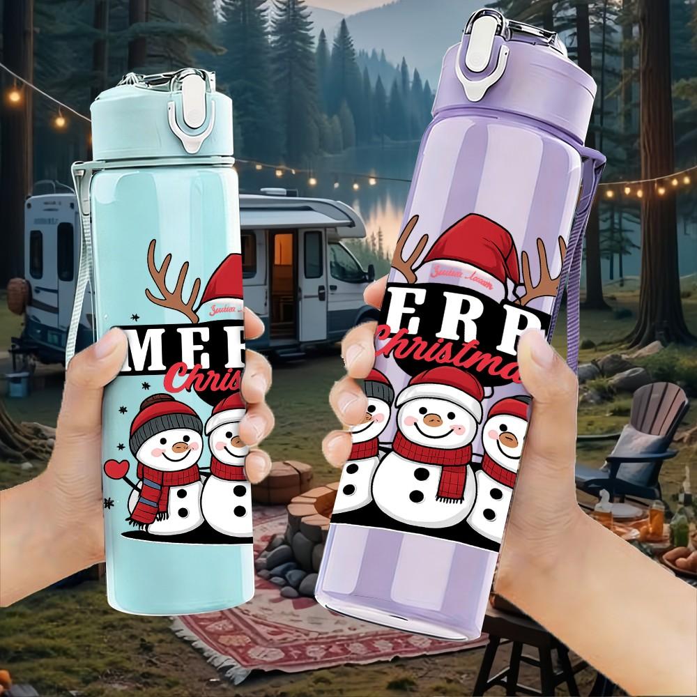 1PC Merry Christmas Snowman Group 750ml Color Plastic Sports Water Bottle Leakproof Flip Straw Lid Suitable for Sports Office Home Use