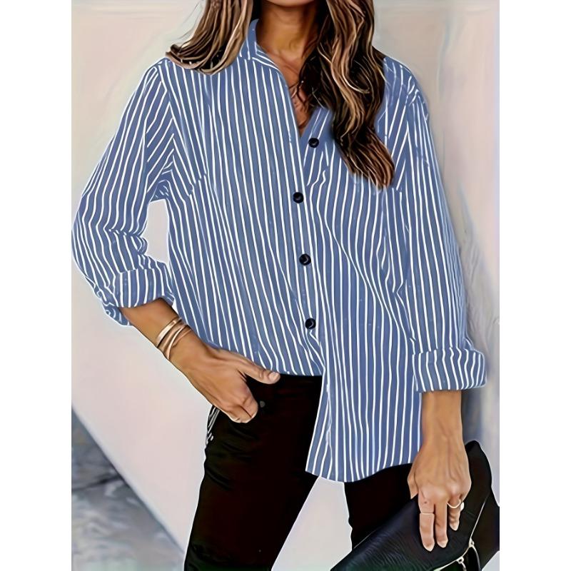 Elegante Camicia a Righe Bottonata da Donna - Blusa Casual a Manica Lunga con Collo, Poliestere Leggero, Lavabile in Lavatrice, Perfetta per l'Estate
